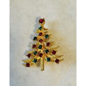 Vintage Signed MLYU Gold Tone Green / Red RhinestonesChristmas Tree Brooch Pin